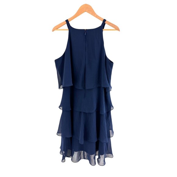 Navy Blue Chiffon Gold Embellished Tulip Tiered Dress Size 16 Wedding Evening - Picture 4 of 7